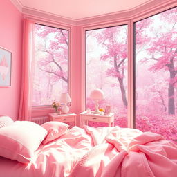 A first-person view pixel art scene showcasing a beautiful room in light pink tones intricately blended with a charming pink forest