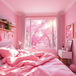 A first-person view pixel art scene showcasing a beautiful room in light pink tones intricately blended with a charming pink forest