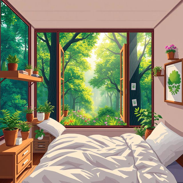 A first-person view pixel art scene featuring a beautiful room harmoniously merged with a lovely forest