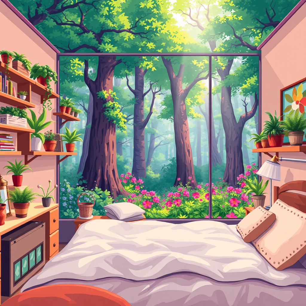 A first-person view pixel art scene featuring a beautiful room harmoniously merged with a lovely forest