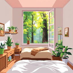 A first-person view pixel art scene featuring a beautiful room harmoniously merged with a lovely forest