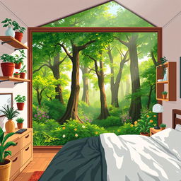 A first-person view pixel art scene featuring a beautiful room harmoniously merged with a lovely forest