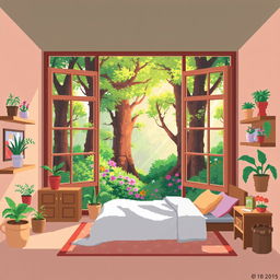 A pixel art scene that combines a beautiful room with a charming forest