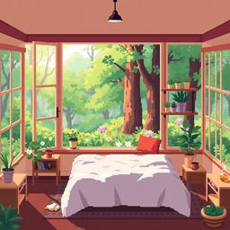 A pixel art scene that combines a beautiful room with a charming forest