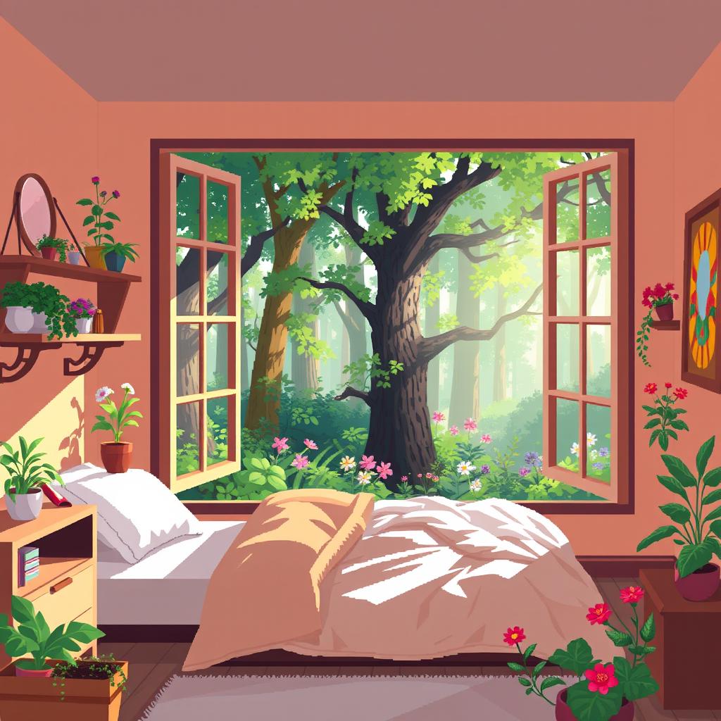 A pixel art scene that combines a beautiful room with a charming forest