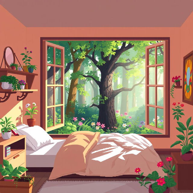 A pixel art scene that combines a beautiful room with a charming forest