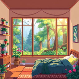 A pixel art scene that combines a beautiful room with a charming forest