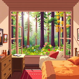 A pixel art scene that creatively blends a cozy room with a vibrant forest