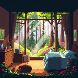 A pixel art scene that creatively blends a cozy room with a vibrant forest