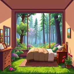 A pixel art scene that creatively blends a cozy room with a vibrant forest