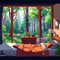 A pixel art scene that creatively blends a cozy room with a vibrant forest