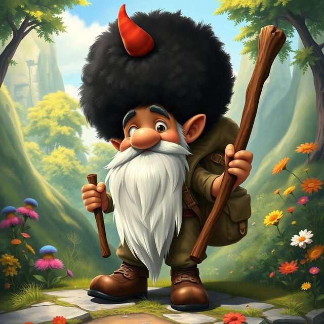 A realistic illustration depicting a gnome named Gallachobar, who is excited to explore the outside world