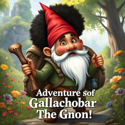 A realistic illustration depicting a gnome named Gallachobar, who is excited to explore the outside world