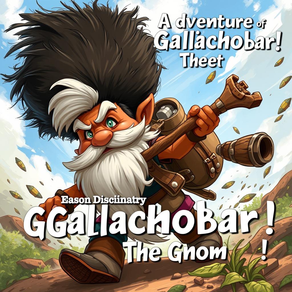 A dynamic and realistic illustration of a gnome named Gallachobar engaged in a battle as he adventures through the outside world