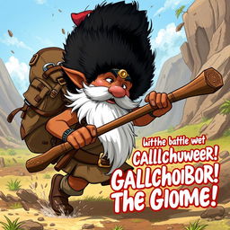 A dynamic and realistic illustration of a gnome named Gallachobar engaged in a battle as he adventures through the outside world