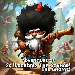 A dynamic and realistic illustration of Gallachobar the Gnome, a character ready for adventure and engaged in an exciting battle scene