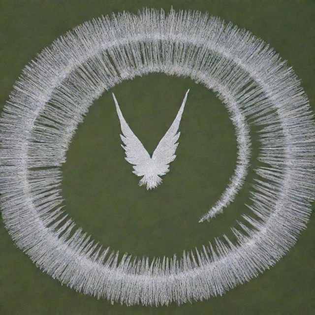 110 students arranging themselves to form an image of a Minokawa bird with large, detailed feathers, set against a clear sky, characterised by a striking 'V' formation.