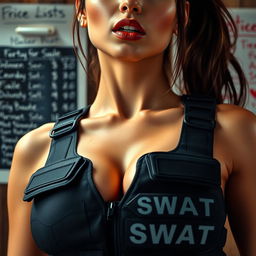 A stunning close-up shot focusing on a gorgeous brunette woman with a ponytail, wearing a sleek black 'SWAT' tactical vest that emphasizes her large chest and alluring cleavage