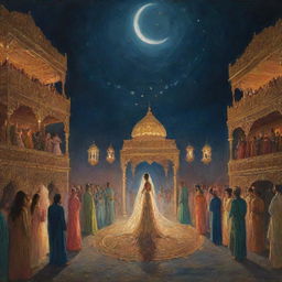 A mystical depiction of a jinn (genie) wedding. The jinn couple floats ethereally, emanating an otherworldly glow. The ceremony is taking place under moonlight, with a cavalcade of exotic mythical and magical creatures in attendance.