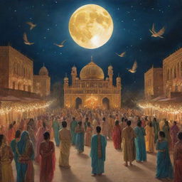 A mystical depiction of a jinn (genie) wedding. The jinn couple floats ethereally, emanating an otherworldly glow. The ceremony is taking place under moonlight, with a cavalcade of exotic mythical and magical creatures in attendance.