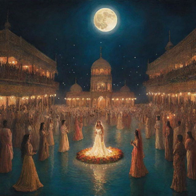 A mystical depiction of a jinn (genie) wedding. The jinn couple floats ethereally, emanating an otherworldly glow. The ceremony is taking place under moonlight, with a cavalcade of exotic mythical and magical creatures in attendance.