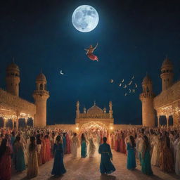 A mystical depiction of a jinn (genie) wedding. The jinn couple floats ethereally, emanating an otherworldly glow. The ceremony is taking place under moonlight, with a cavalcade of exotic mythical and magical creatures in attendance.