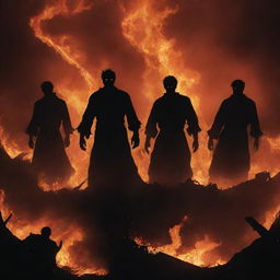 Modify the infernal scene to depict multiple shadowy figures falling from the fiery sky above, their forms silhouetted against the conflagration, adding a haunting depth to the image