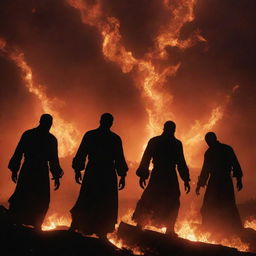 Modify the infernal scene to depict multiple shadowy figures falling from the fiery sky above, their forms silhouetted against the conflagration, adding a haunting depth to the image