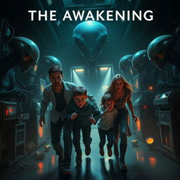 A dramatic scene titled 'The Awakening', featuring a family of four as they escape from an ominous alien facility