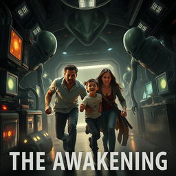 A dramatic scene titled 'The Awakening', featuring a family of four as they escape from an ominous alien facility