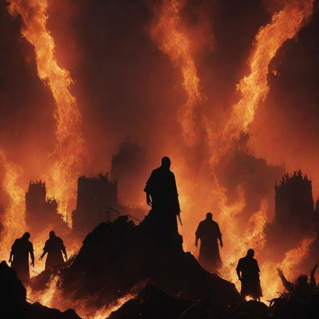 Modify the infernal scene to depict multiple shadowy figures falling from the fiery sky above, their forms silhouetted against the conflagration, adding a haunting depth to the image