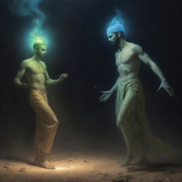 A portrayal of a jinn (genie) and a human coexisting. The human is seen engaged in everyday activity while the jinn, an ethereal, glowing entity, engages curiously but peacefully with the human, reflecting coexistence between different realms.