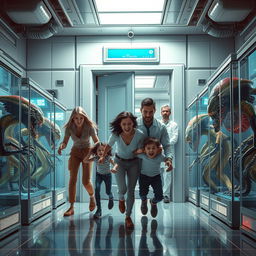 A dramatic sci-fi scene depicting a group of diverse beings in a sterile laboratory environment, surrounded by high-tech equipment and glowing screens