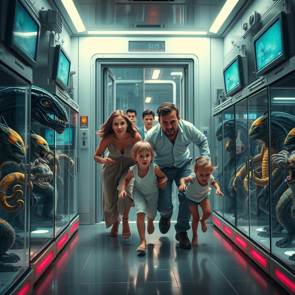 A dramatic sci-fi scene depicting a group of diverse beings in a sterile laboratory environment, surrounded by high-tech equipment and glowing screens