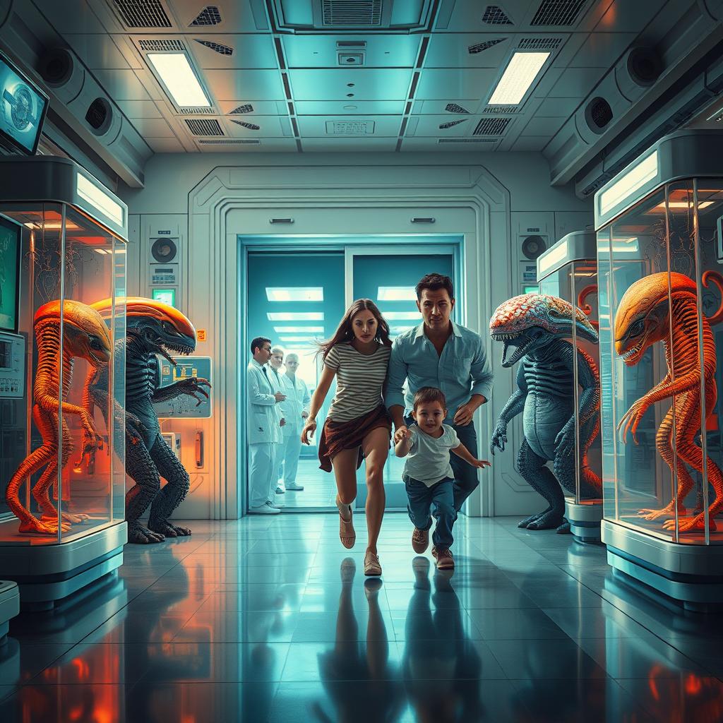 A dramatic sci-fi scene depicting a group of diverse beings in a sterile laboratory environment, surrounded by high-tech equipment and glowing screens