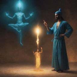 A portrayal of a jinn (genie) and a human coexisting. The human is seen engaged in everyday activity while the jinn, an ethereal, glowing entity, engages curiously but peacefully with the human, reflecting coexistence between different realms.