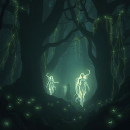 A mystical scene titled 'The Awakening', featuring ethereal beings emerging from the dense, shadowy woods