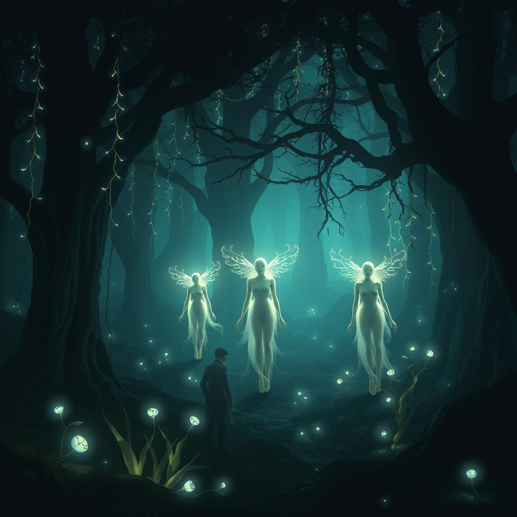 A mystical scene titled 'The Awakening', featuring ethereal beings emerging from the dense, shadowy woods