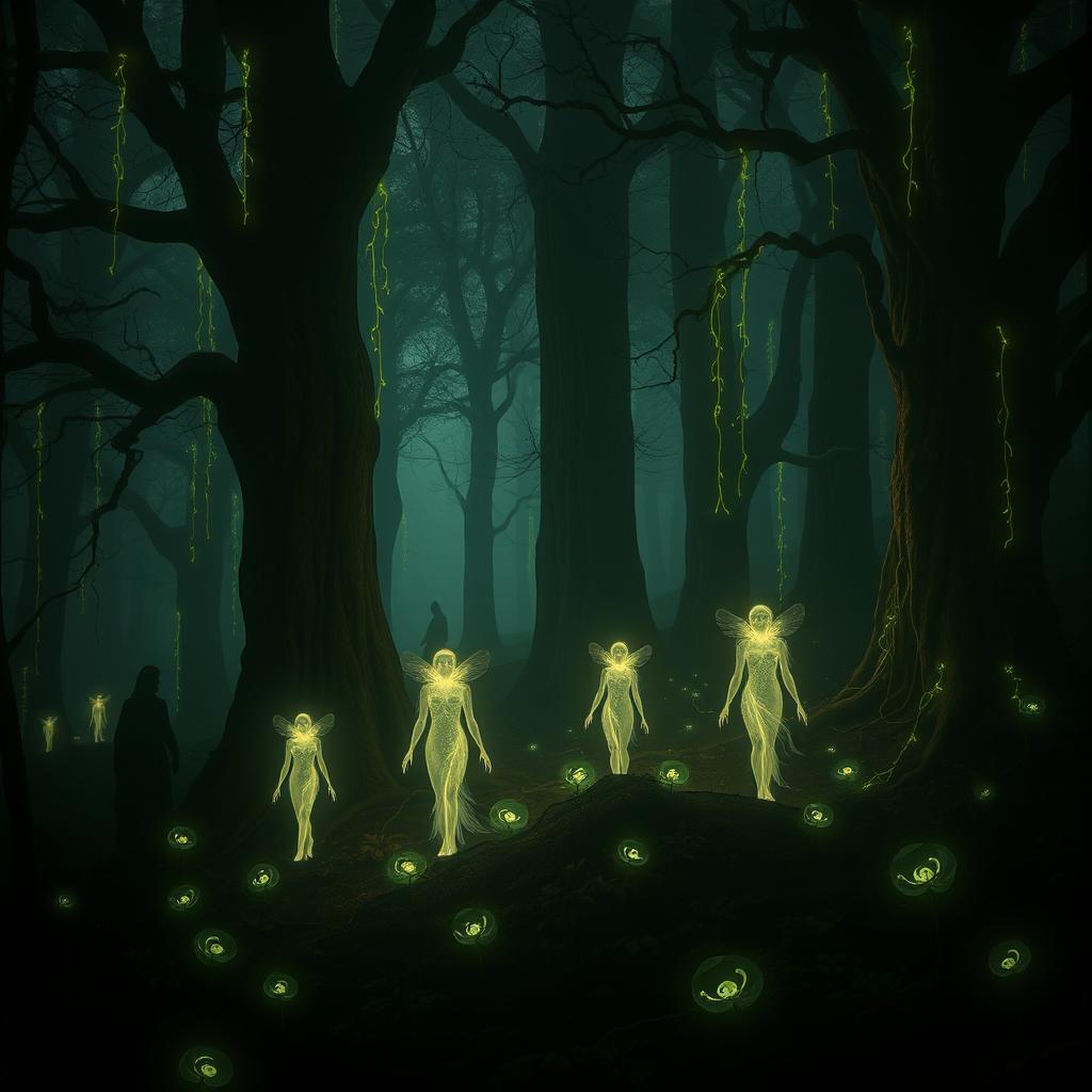 A mystical scene titled 'The Awakening', featuring ethereal beings emerging from the dense, shadowy woods