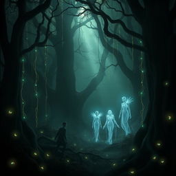 A mystical scene titled 'The Awakening', featuring ethereal beings emerging from the dense, shadowy woods