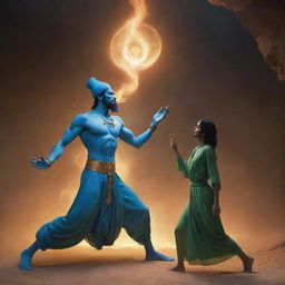 A portrayal of a jinn (genie) and a human coexisting. The human is seen engaged in everyday activity while the jinn, an ethereal, glowing entity, engages curiously but peacefully with the human, reflecting coexistence between different realms.