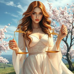 A beautiful and realistic woman personifying the Libra zodiac sign, exuding elegance and balance