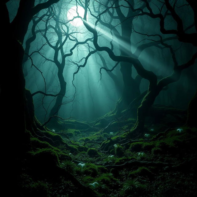 A hauntingly beautiful scene in a dense, eerie forest, embodying the theme of 'The Awakening'