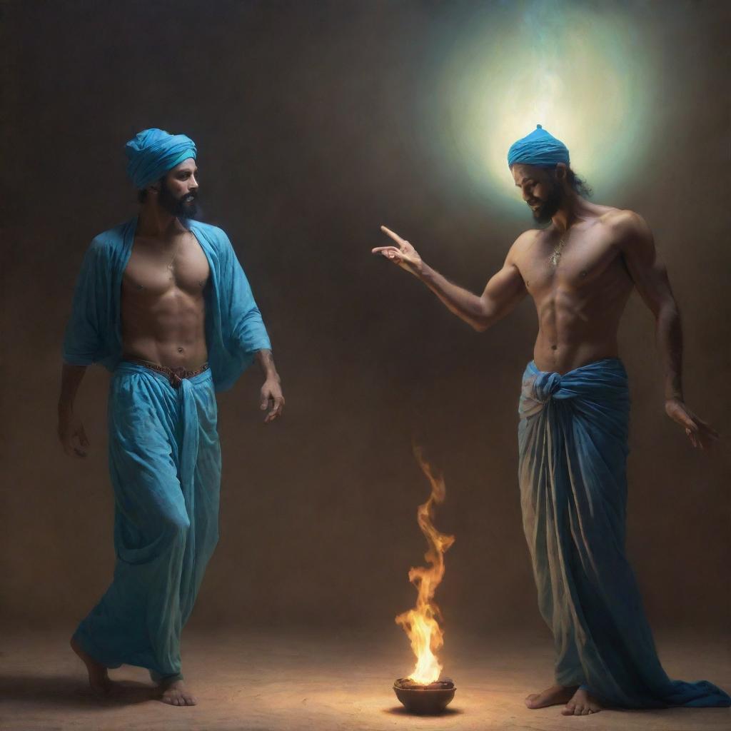 A portrayal of a jinn (genie) and a human coexisting. The human is seen engaged in everyday activity while the jinn, an ethereal, glowing entity, engages curiously but peacefully with the human, reflecting coexistence between different realms.