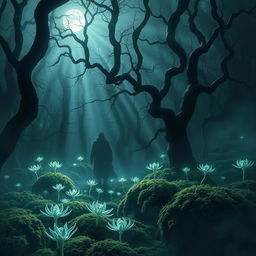 A hauntingly beautiful scene in a dense, eerie forest, embodying the theme of 'The Awakening'