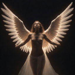 Suddenly, illuminate the scene with a beam of radiant light piercing the infernal chaos. From this glow, an angelic figure emerges, wings spread wide, radiating hope and grace amidst the gloom