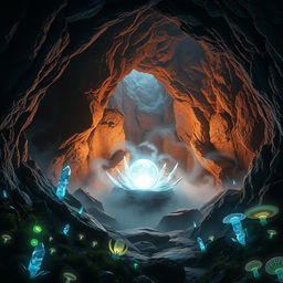 An artistic representation of 'The Awakening' set inside a mystical cave