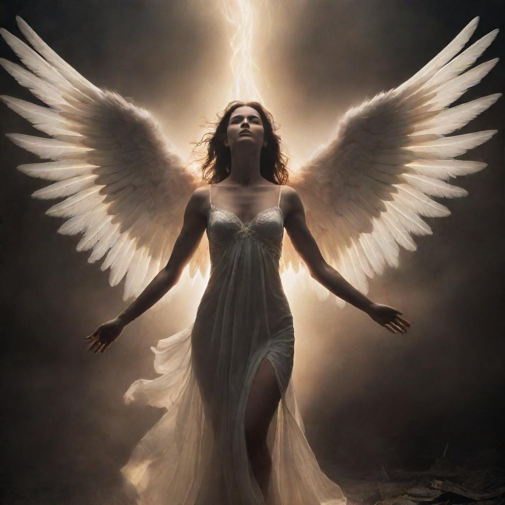 Suddenly, illuminate the scene with a beam of radiant light piercing the infernal chaos. From this glow, an angelic figure emerges, wings spread wide, radiating hope and grace amidst the gloom