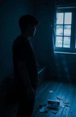 A heartbroken individual standing alone in a dimly lit room, looking at a shattered photograph of a loved one, representing betrayal and sadness