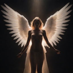 Suddenly, illuminate the scene with a beam of radiant light piercing the infernal chaos. From this glow, an angelic figure emerges, wings spread wide, radiating hope and grace amidst the gloom